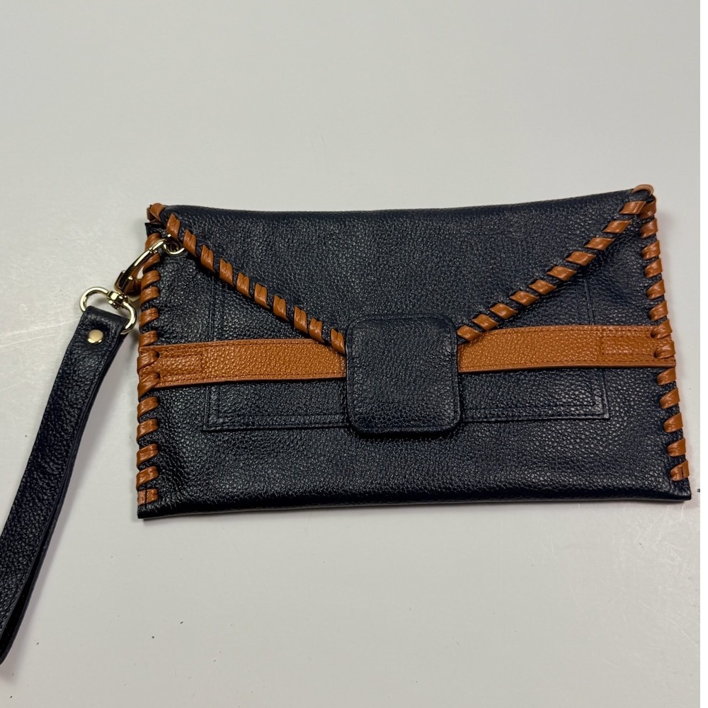 B-Low the belt Navy Blue Pebbled Vegan Leather Wristlet Clutch Tan Whipstitch